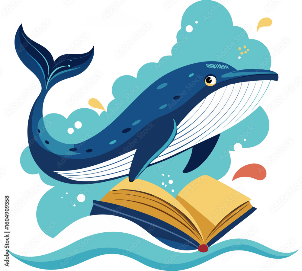 Fototapeta premium A giant whale jumping out of an open book's pages (symbolizing epic stories that come alive).