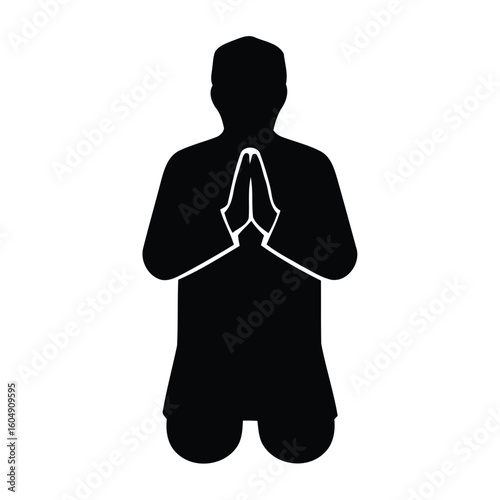 Silhouette of a person praying on knees isolated on white background