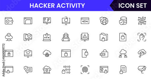 Hacker activity vector line icons featuring shields, locks, firewalls, encryption, passwords, malware protection, surveillance, data safety, and secure networks.