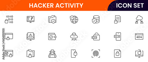 Hacker activity vector line icons featuring shields, locks, firewalls, encryption, passwords, malware protection, surveillance, data safety, and secure networks.