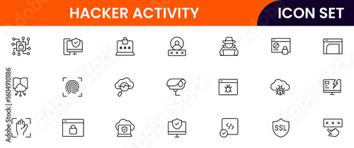 Hacker activity vector line icons featuring shields, locks, firewalls, encryption, passwords, malware protection, surveillance, data safety, and secure networks.