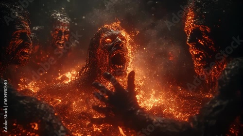 Fiery demon rising from flames, atmosphere in hell