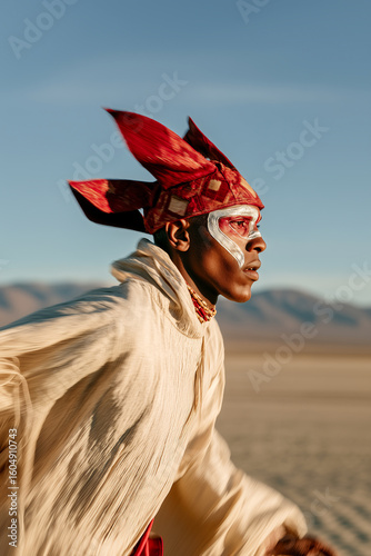 A man wearing a red headdress and white clothing is running across a desert
