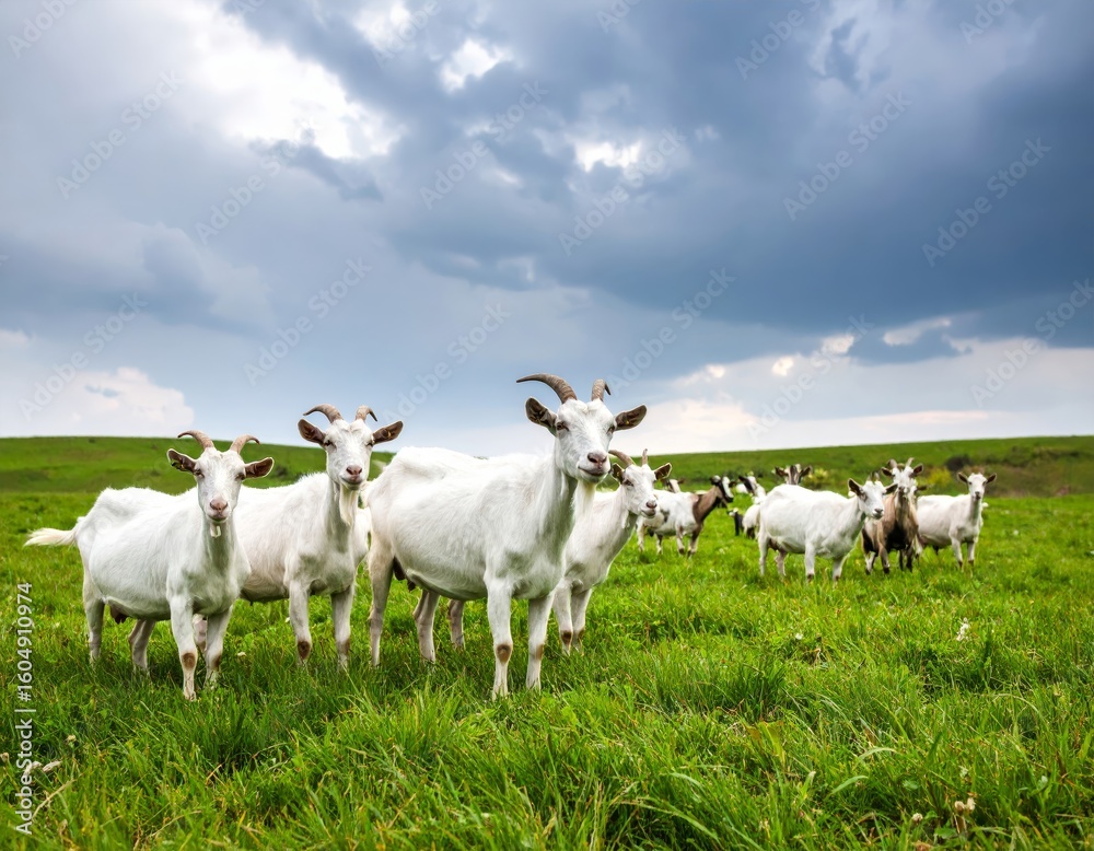 Obraz premium Goats grazing in green field under cloudy sky