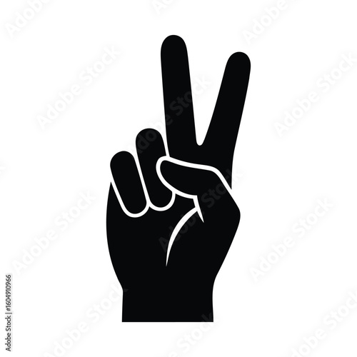 Black silhouette of a hand making the peace sign isolated on white background