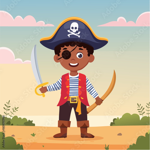 A smiling cartoon Black boy in a pirate costume with an eyepatch and sword stands outdoors.