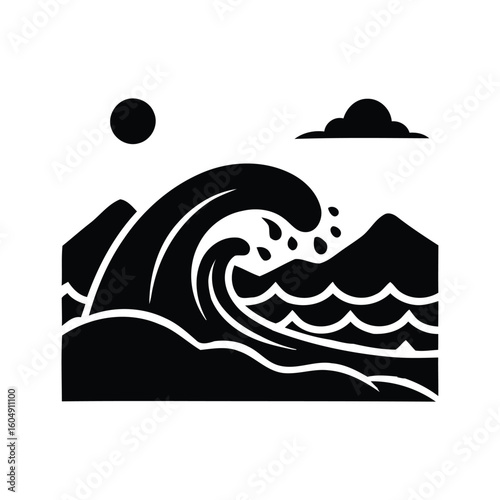 Stylized ocean wave with mountains and sun silhouette isolated on white background