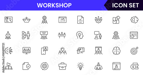 Workshop vector line icons featuring tools, gears, machinery, workbenches, safety equipment, hands-on activities, repairs, and technical skills.