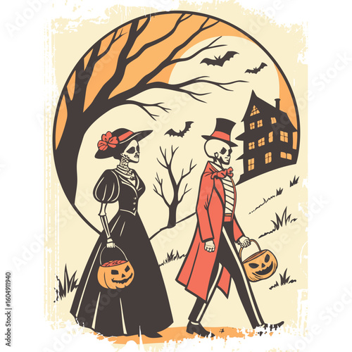 A vintage illustration of a skeleton couple in Victorian attire trick-or-treating on Halloween night.