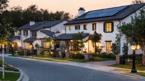 The picturesque suburban homes shining under evening lights