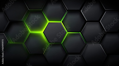 Dark hexagonal grid pattern with glowing green accents.