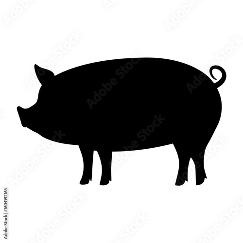Black silhouette of a standing pig with a curly tail on white