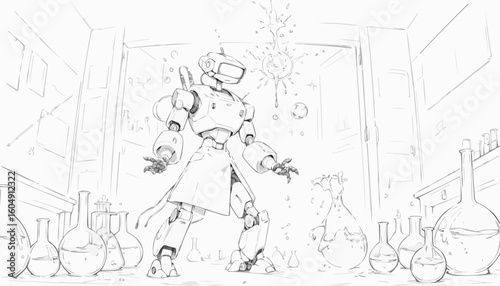 Dynamic robot in laboratory with spilled potions in playful line art illustration for coloring