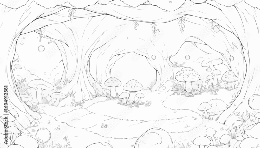 Obraz premium Magical cave scene filled with mushrooms and whimsical elements for coloring