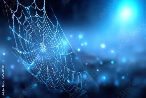A delicate spider web covered with dewdrops glistens against a blurred, ethereal blue background with glowing light orbs.