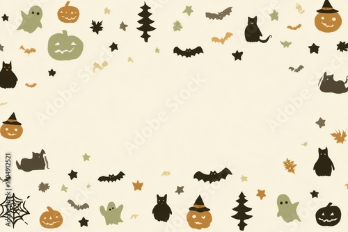 Halloween-themed border with pumpkins, ghosts, bats, black cats, spider webs, and autumn leaves on a light beige background.
