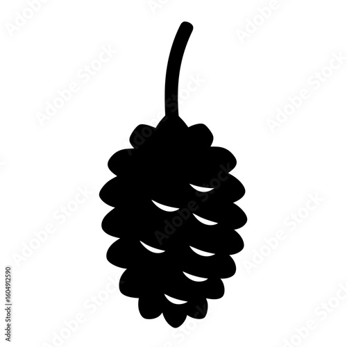 Stylized Black Silhouette of a Pinecone with Stem on a White Background