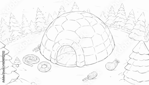 Whimsical line art of an igloo surrounded by pine trees in a winter landscape for coloring