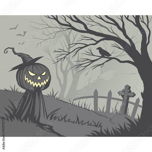 Halloween scene with a spooky pumpkin scarecrow in a misty graveyard.