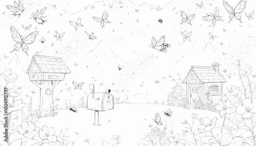 Whimsical line art of a mailbox and cottage surrounded by butterflies and flowers for coloring
