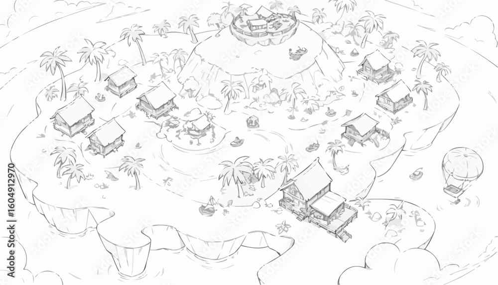 Obraz premium Coloring page of a tropical village with huts and palm trees on an island