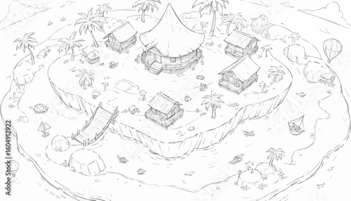 Charming line art of a tropical island village with huts and palm trees for coloring
