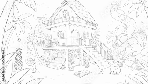 Coloring page of a tropical house surrounded by plants and fruits
