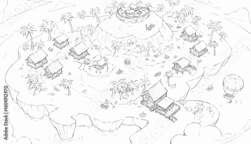 Coloring page of a tropical village with huts and palm trees on an island