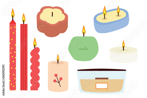 Set of decorative candles of different shapes. Decorative candles in sticks, glass, flowerpot, etc. Cozy elements for home, dinner, etc. Decorative home autumn elements. Vector illustration.