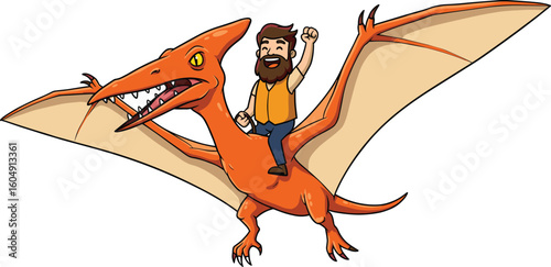 Dinosaur flight cad drawing flat vector illustration, cartoon man in yellow vest riding orange pterosaur with fist raised in adventure pose