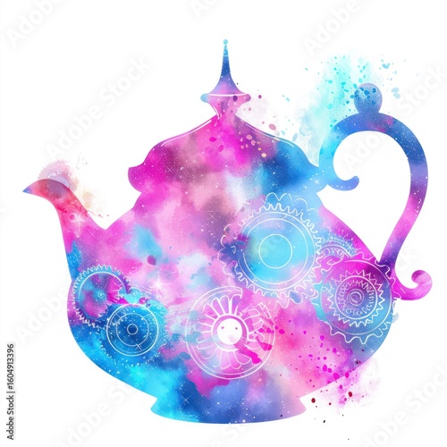 Pastel tea pot with watercolor style, gears and abstract design