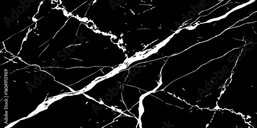 A striking, high-contrast image featuring bold white cracks and veins against a deep, dark, almost obsidian-like background, reminiscent of natural black marble or a shattered surface.