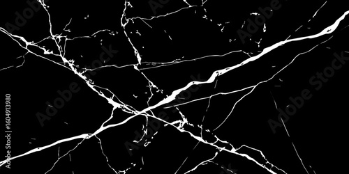 A striking, high-contrast image featuring bold white cracks and veins against a deep, dark, almost obsidian-like background, reminiscent of natural black marble or a shattered surface.