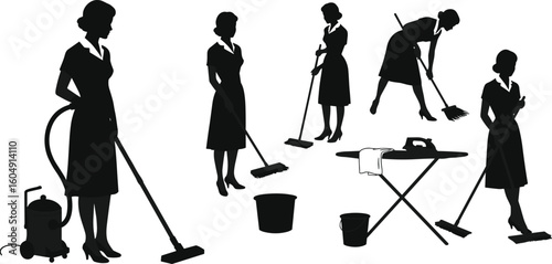 Silhouettes of housekeeping staff cleaning with vacuum, mop, buckets, ironing board, domestic work, house chores, tools, black illustration, vector