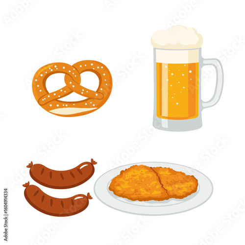 Cartoon illustration of oktoberfest food: pretzel, beer, sausages, and schnitzel on transparent background