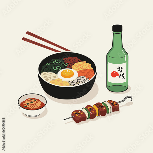 Still life of bibimbap, soju, korean skewer, and kimchi on transparent background