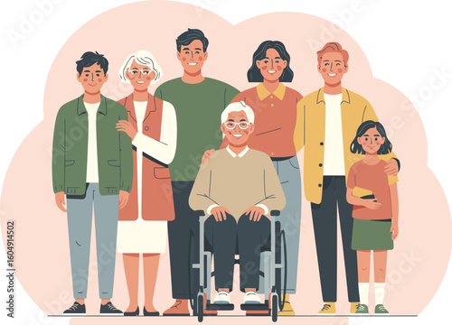 Diverse multi generational family portrait with an elderly person in a wheelchair