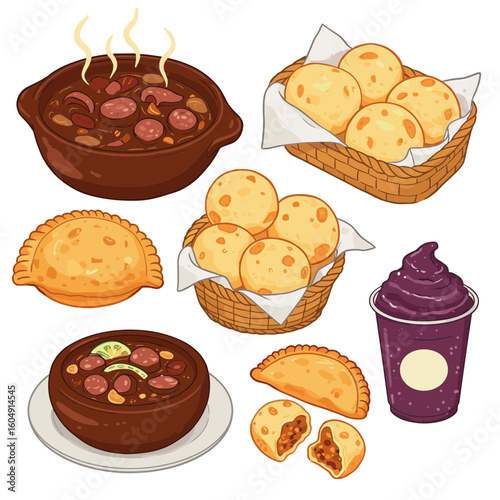Illustration of assorted brazilian food dishes on transparent background