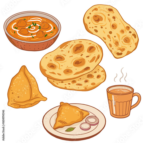 Illustration of indian food: butter chicken, naan, samosas, and tea on transparent background