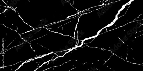 A striking, high-contrast image featuring bold white cracks and veins against a deep, dark, almost obsidian-like background, reminiscent of natural black marble or a shattered surface.