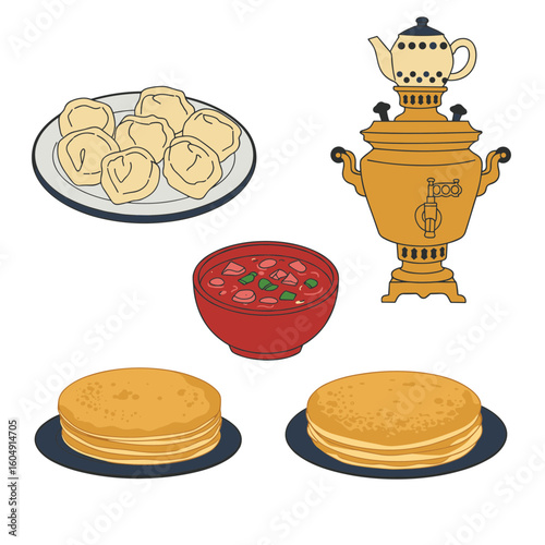 Illustration of dumplings, soup, pancakes, and a samovar on transparent background
