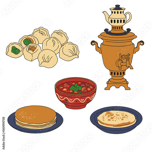 Illustration of russian cuisine: dumplings, soup, pancakes, and samovar on transparent background