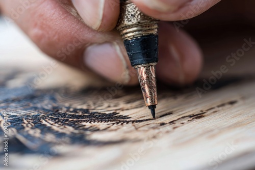Close-up of hand-held tool burning design on wood