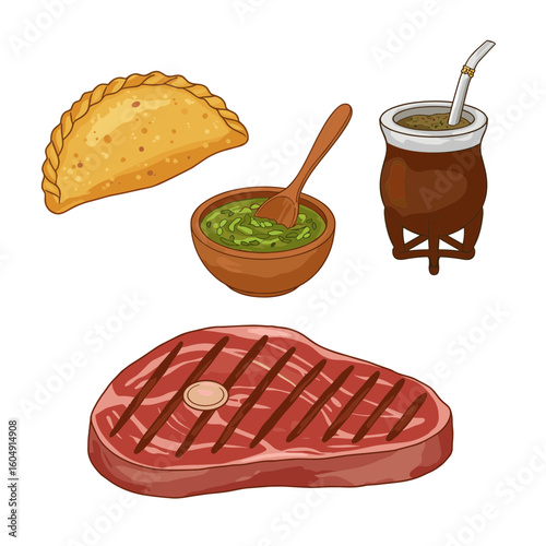 Illustration of argentinian cuisine: empanada, chimichurri, mate, and grilled steak on transparent background
