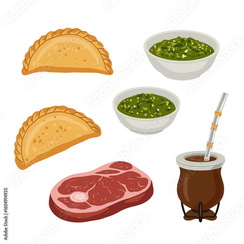 Illustration of argentinian food: empanadas, steak, chimichurri, and mate on transparent background