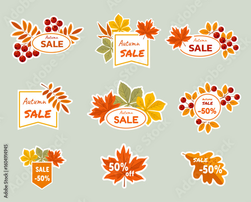 Autumn labels at sales. Design of discount badges and labels for autumn sales and big offers. Sale autumn, discount banner