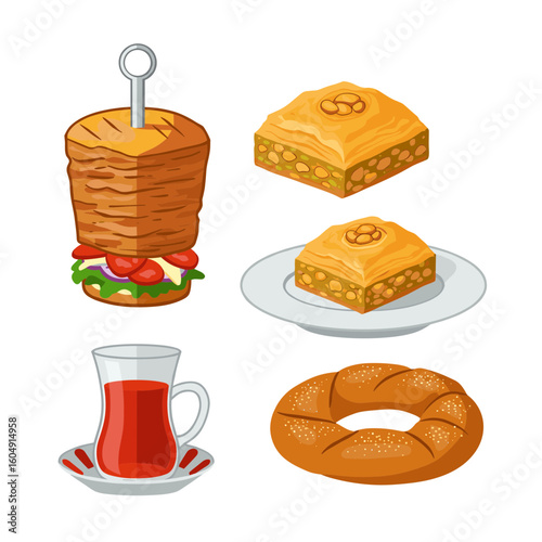 Cartoon illustration of turkish food: doner kebab, baklava, tea, and simit on transparent background