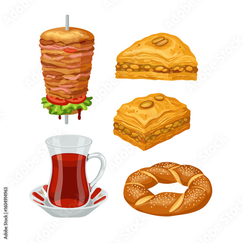 Turkish food still life with doner kebab, baklava, tea, and simit on transparent background