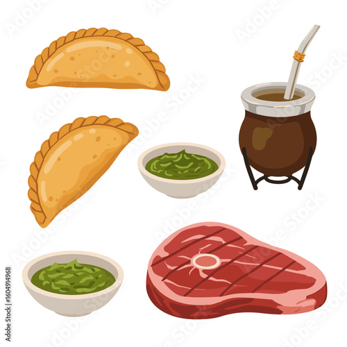 Illustration of empanadas, chimichurri, mate, and steak on transparent background