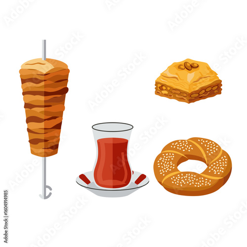 Assortment of turkish food: doner kebab, tea, baklava, and simit on transparent background
